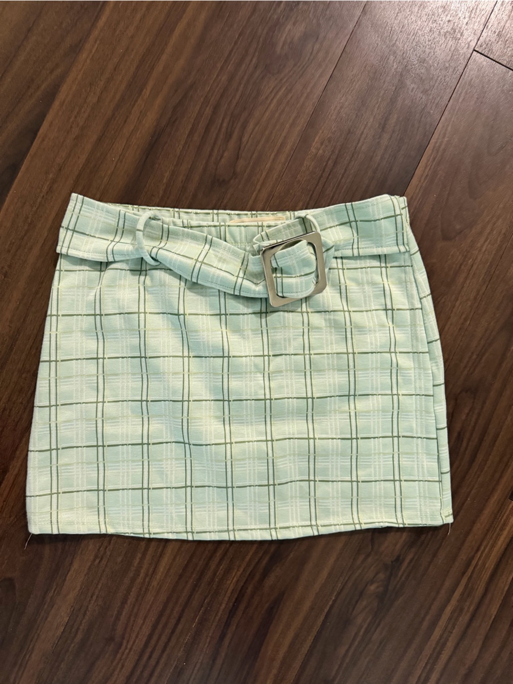 Mint Green Plaid Belted Skirt